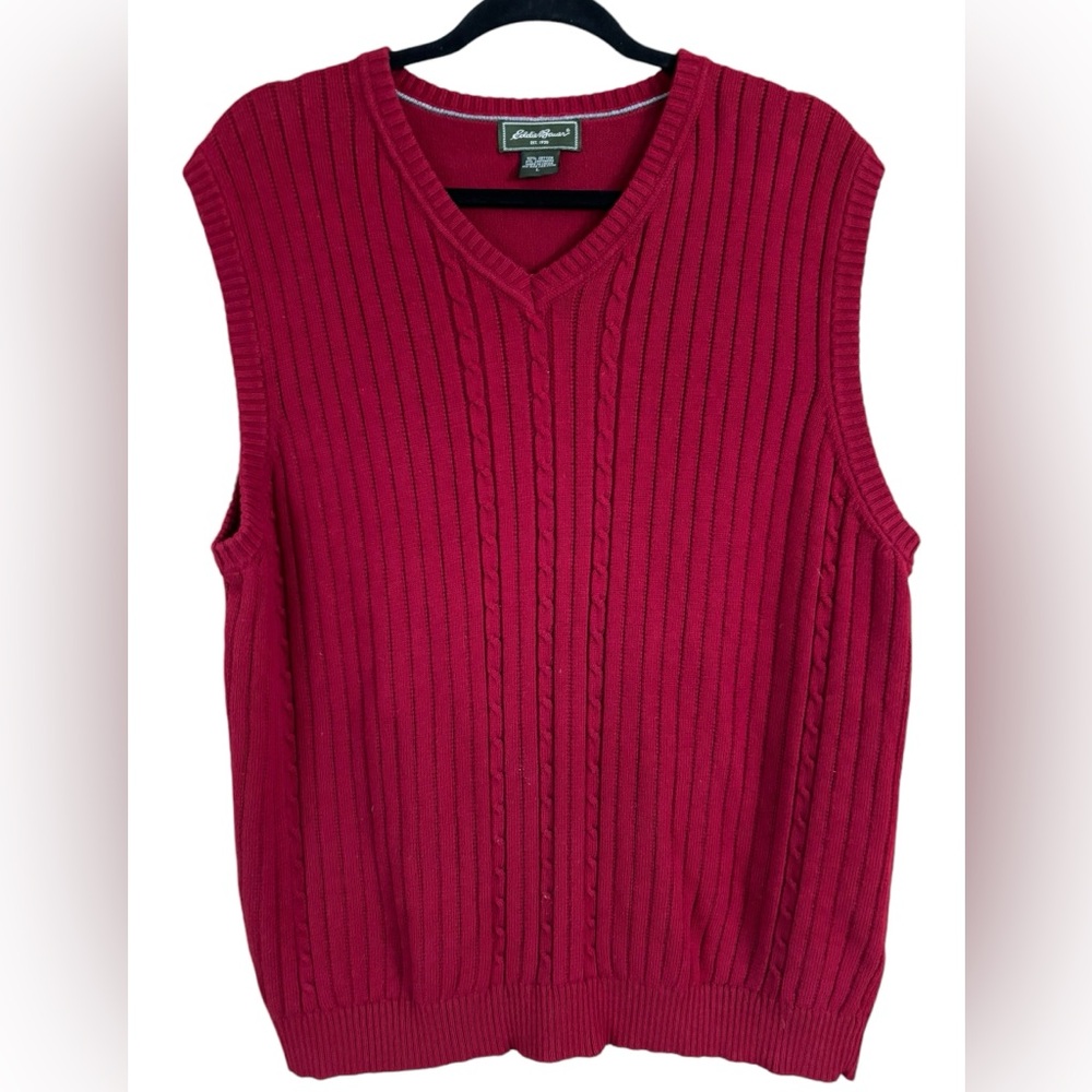 Eddie Bauer Men’s Red Ribbed Cable Cotton Cashmere Vneck Sweater Vest Size L